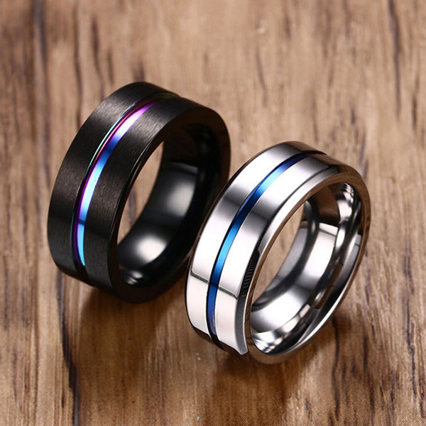 8MM Black Titanium Ring For Men Women Wedding Bands Trendy Rainbow Groove Rings Jewelry USA Size