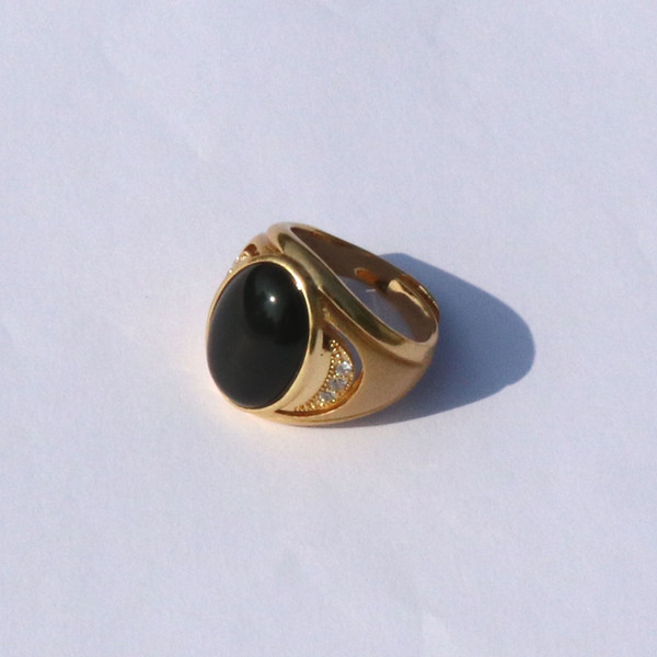 Men's Large Vintage 14 k Solid Yellow Gold GF Big Black Agate Stone Ring side ROUND CUT A rank CZ PLATED BRASS