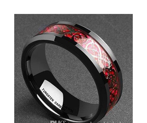 Black Tungsten Carbide Ring Dragon Wedding Ring with Black Carbon Fiber and Red Dragon Inlay 406