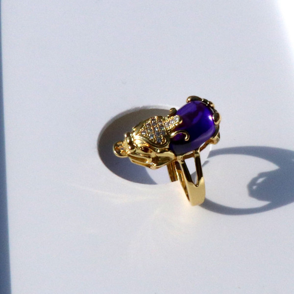 Sweethearts Antique 14 K Solid Gold GF 3D Luck Wealth Pixiu Purple Onyx Small Diamond CZ Eyes Filigree Ring Size Open