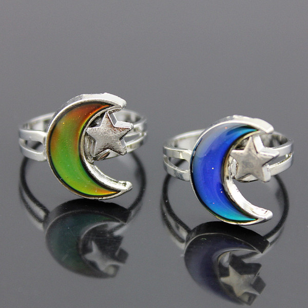 Wholesale 50pcs Fashion Jewelry Moon & Star Mood Rings Color Changing Emotion Temperature Rings Changeable Adjustable Finger Bands MR93