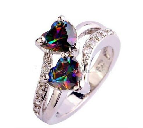 lingmei Fashion Lover Jewelry Heart Cut Rainbow & White Topaz Gemstone Silver Ring Size 6 7 8 9