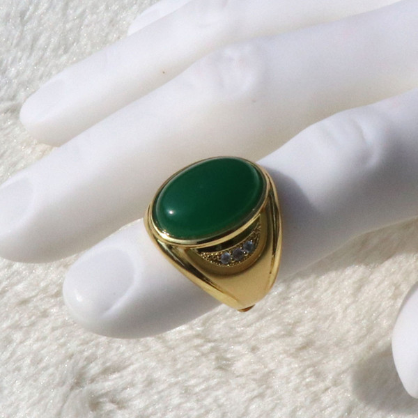 Men's Large Vintage 14 k Solid Yellow Gold GF Big Green Agate Stone Ring side ROUND CUT Arank CZ PLATED BRASS