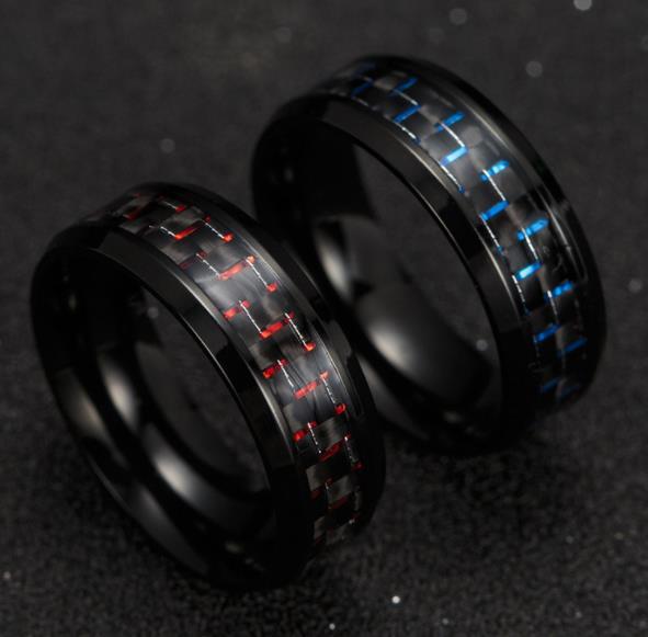 Titanium Steel Black Carbon Fiber Mens Cool Rings Fashion Red Blue Ring Anel Masculino Jewelry Drop shipping