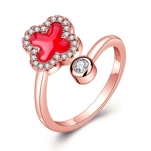 Cross-border S925 2019 pure silver four-leaf clover ring fashionable rose gold zircon dripping oil ring small fresh and lucky lady leaves