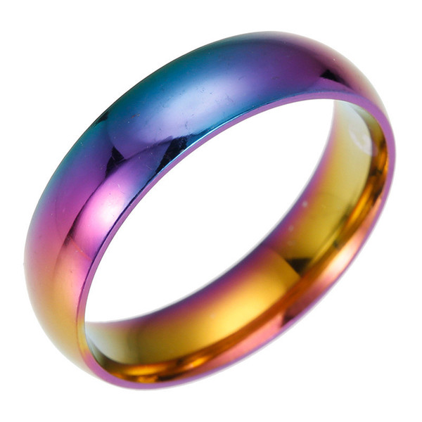 Classic Wedding Bands Women Rainbow Rings Stainless Steel Party Birthday Chromatic Colorful Smooth Rainbow Women Ring Width 6mm