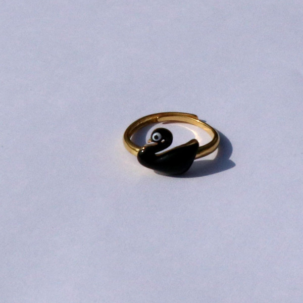 College student Girl 18 k Yellow Solid Fine Gold GF black Swan Ring SIZE OPEN FREE