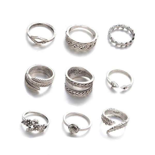 9 Pcs/Set Bohemian Gypsy Vintage Retro Style Joint Knuckle Nail Ring Set Hollow Carved Leaves Flower Feather Geometry Design