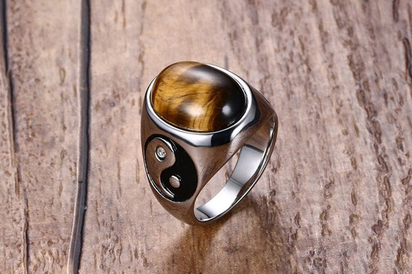 Men's 925K Stamped Silver plated Titanium ring Stainless steel finger rings with Tiger Eye stone band Ring