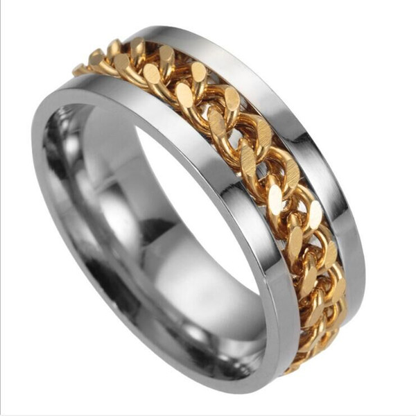 Silver Plated Alloy Titanium steel Rotatable Iron chain ring rock punk wide ring stainless steel Moveable Winding Iron chain rings men j415