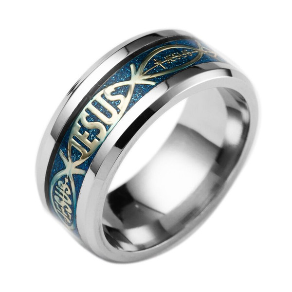 blue enamel Glaze Titanium steel Christ Christian ring stainless steel religion Lettering Jesus ring Catholicism Crucifix cross rings j428