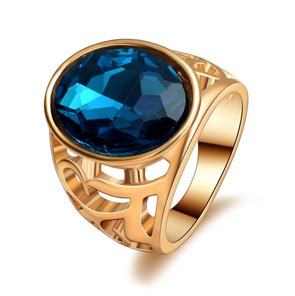 trendy Resin Imitation big Wide Surface rhombus Faceted Cabochon Oval blue Gem ring Hollow sapphire ring blue crystal rings for women j441