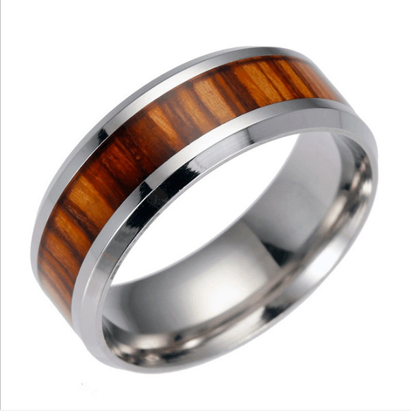 Silver Plated men stainless steel Mosaic Acacia wood ring Wedding Titanium steel Mosaic Teak ring inlay oak Wood grain rings 2017 j430