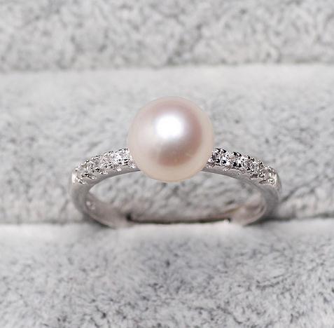 Wholesale 7mm white round Natural pearl ring 925 silver JZ0023