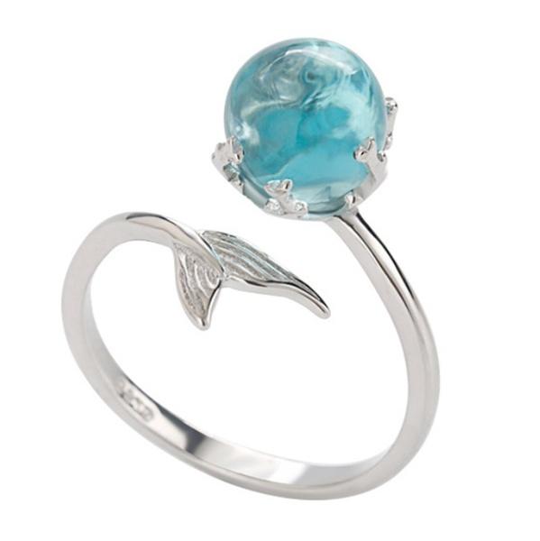 2019 Open Blue Crystal Mermaid Bubble Rings for Women Girls Gift Statement Jewelry Adjustable Size Finger Ring 446