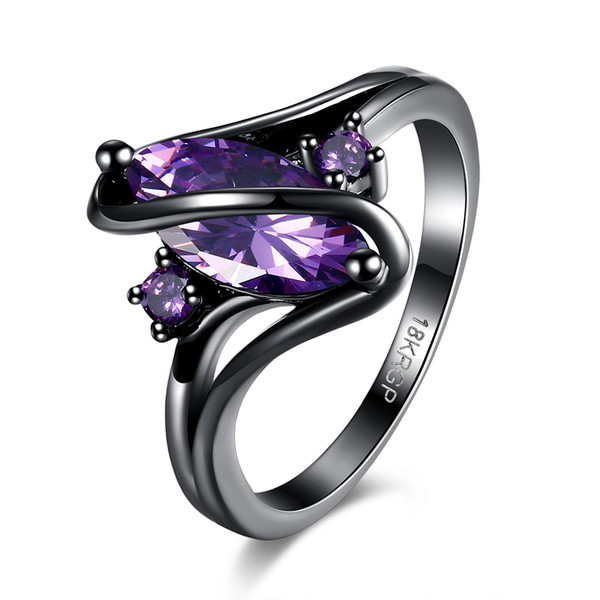 Amazing Fashion Rings Black Gun Plated CZ Crystals Rings Red/Purple/Blue Glass Stones Rings Women's Wedding Ring Jewelry