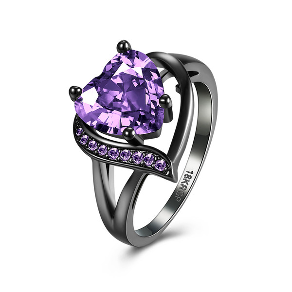 Amazing Fashion Rings Black Gun Plated CZ Crystals With Purple Heart Glass Crystal Stones Wedding Rings Jewelry