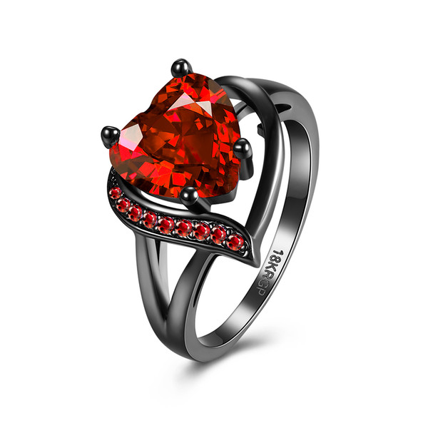 New Design Fashion Rings Black Gun Plated CZ Crystals With Red Heart Glass Crystal Stones Wedding Rings Jewelry