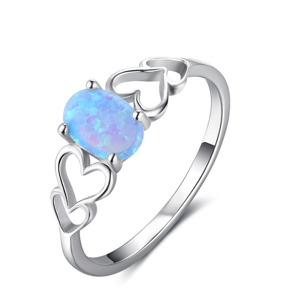 2018 Pop White Rhodium Plated Genuine New Latest Style Blue Oval Opal Gemstone Heart Shape 925 Sterling Silver Solitaire Ring