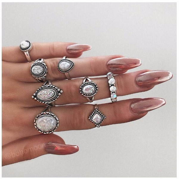 Brand Ladies Rings Set 8 PCS/LOT Womens Cheap Antique Plated Silver Jewelry Hot Sale Simple Opal Ring Free Shipping