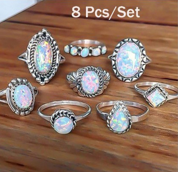 Brand Ladies Rings Set 8 PCS/LOT Womens Cheap Antique Plated Silver Jewelry Hot Sale Simple Opal Ring Wholesale Free Shipping