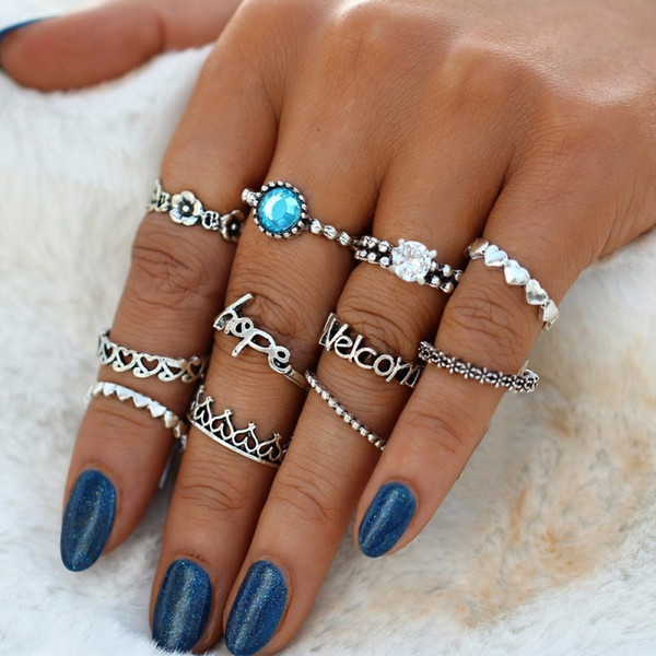 Brand Ladies Rings Set 11 Pcs/Lot New Hot Sale Vintage Style Crystal Letter Love Alloy Joint Ring for Women Free Shipping