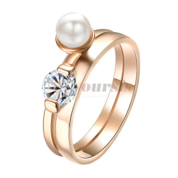 Yoursfs 2 Ring Set Simulated White Pearl with Cubic Zirconia 18K Rose Gold Plated Ring Women Gift