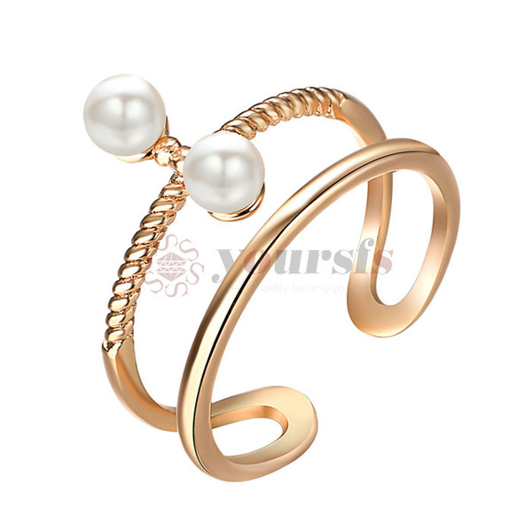 Yoursfs Pearl Ring Double Twin Lines Open Adjustable Crystal Bands Ring for Women Gift