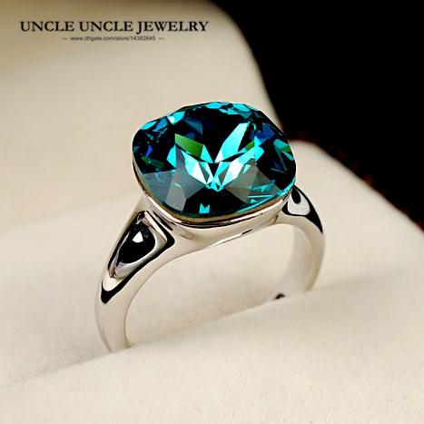 White Gold Color Top Quality Austrian Crystal Blue Sapphire Luxury Square Woman Finger Ring Christmas Gifts Wholesale 18krgp stamp