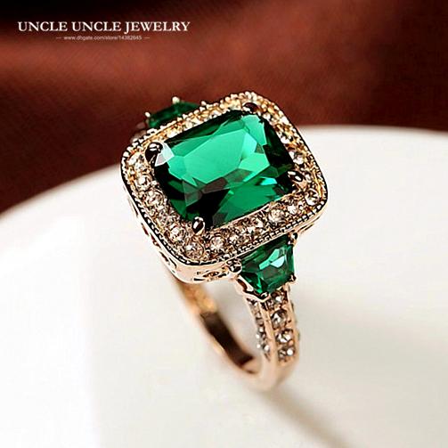 High Quality Man-Made Green Emerald Luxury Woman Ring Rose Gold Color Rectangle Crystal Lady Engagement Ring Wholesale 18KRGP