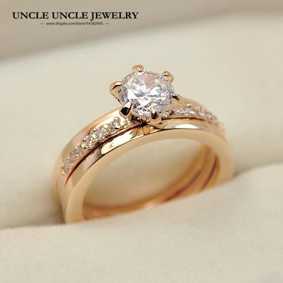 Rose Gold Color 2 in 1 Clear Zirconia Rhinestones Inlay 6 Prongs Style Trendy Woman Finger Ring Wholesale Christmas Gifts