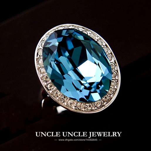 Ultra-big White Gold Color Austrian Crystal Blue Ocean Luxury Ring Wholesale