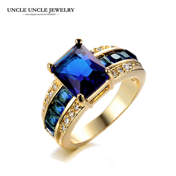 Gem Blue Ring Gold Color Zirconia Rhinestone Setting Rectangle Luxury Woman Wedding Rings Wholesale