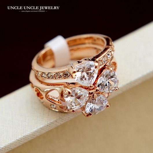 Rose Gold Color 3 in 1 Austrian Zirconia Rhinestone Four Leaf Clover Design Lady Finger Ring Wholesale Drop Shipping