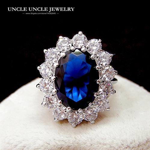 Classic Royal Family Design White Gold Color Austrian Crystal Ocean Blue Princess Woman Ring Wholesale