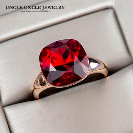 Woman Artificial Red Crystal Ring Rose Gold Color Top Quality Luxury Dark Red Square Finger Ring Wholesale 18krgp stamp