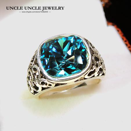 Retro Style White Gold Color Crystal Blue Sapphire Luxury Square Hollow Out Woman Finger Ring Wholesale Beautiful Gift