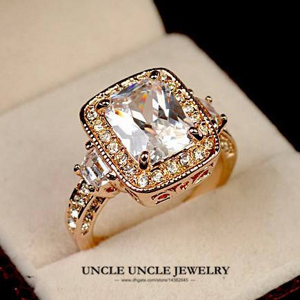 Beautiful Rose Gold Color Top Austrian Rectangle Crystal Luxury Wedding Woman Engagement Ring Wholesale