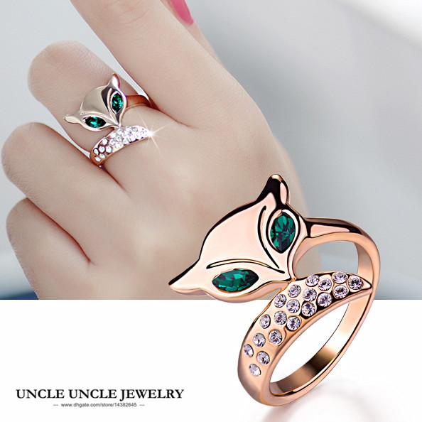 Rose Gold Color Luxury Fox Design Green Crystal Rhinestones Inlaid Fashion Woman Finger Ring Wholesale Gift