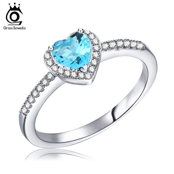 ORSA Big Blue Crystal Heart Ring with Paved AAA Cubic Zircon Fashion women Ring for Mother's Day Gift OR74