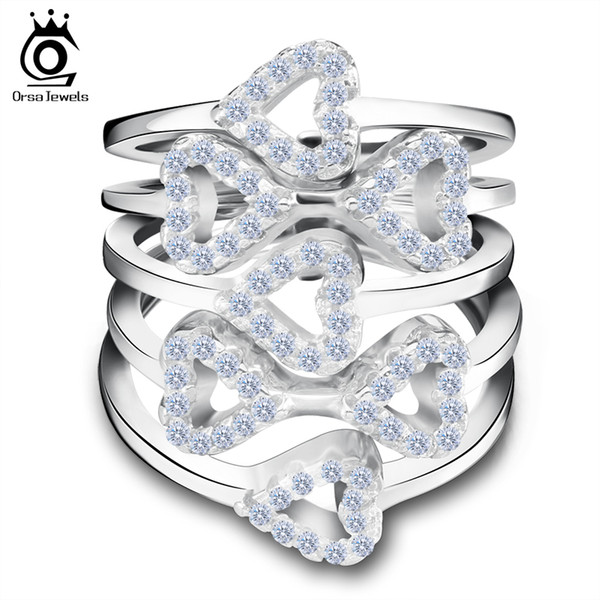 ORSA JEWELS 5 Pieces Ring Connected Romantic Heart Shape Ring with 70 pieces AAA Austrian Cubic Zirconia Ring Set For Women OR87