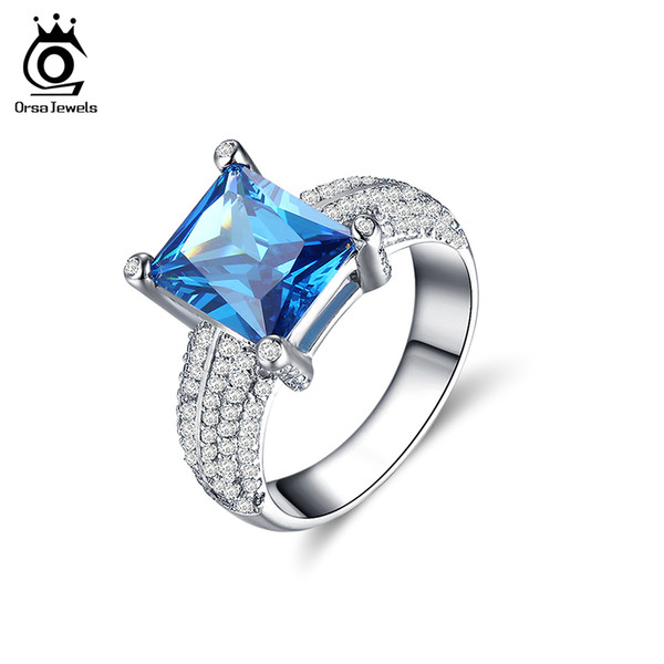 ORSA JEWELS 2017 Fashion 4 Row AAA Austrian CZ Wedding Rings with Large Square Ocean Blue Cubic Zirconia for Women Ring OR140