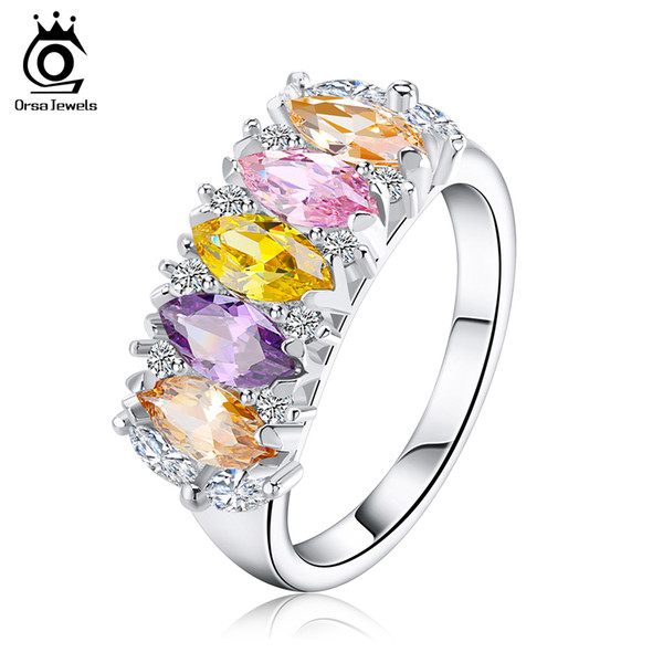 Orsa Silver Women Ring with 8 mm Multi Color AAA Austrian Cubic Zirconia 2017 New Fashion CZ Rings for Engagement OR132