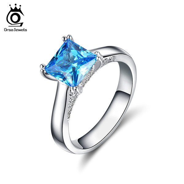 ORSA JEWELS Cute Silver Color Rings with 1.2ct Blue Austrian Cubic Zirconia for Best One 2017 Fashion Women Jewelry Ring OR138