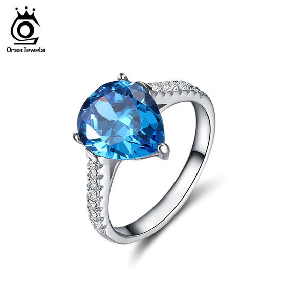 ORSA JEWELS Unique Silver Color Ring with 2.5ct Water Drop Blue Cubic Zirconia for Women 2017 New Fashion Women Rings OR151