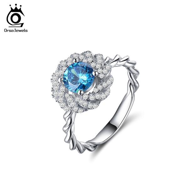 ORSA Luxury Flower Ring with Big Blue Cubic Zirconia Forever Wedding Rings for Women bijoux Birthday Gift OR148