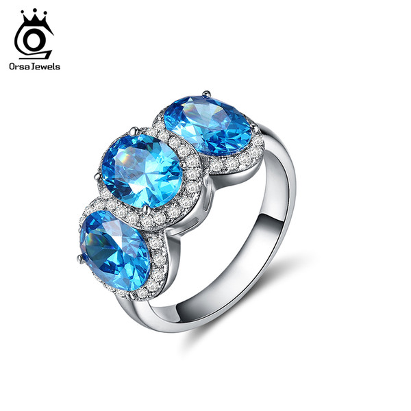 ORSA JEWELS Women Silver Color Rings with 3 Pecs Big Size Charm Blue Cubic Zirconia Fashion Rings Jewelry for Girlfriend OR136