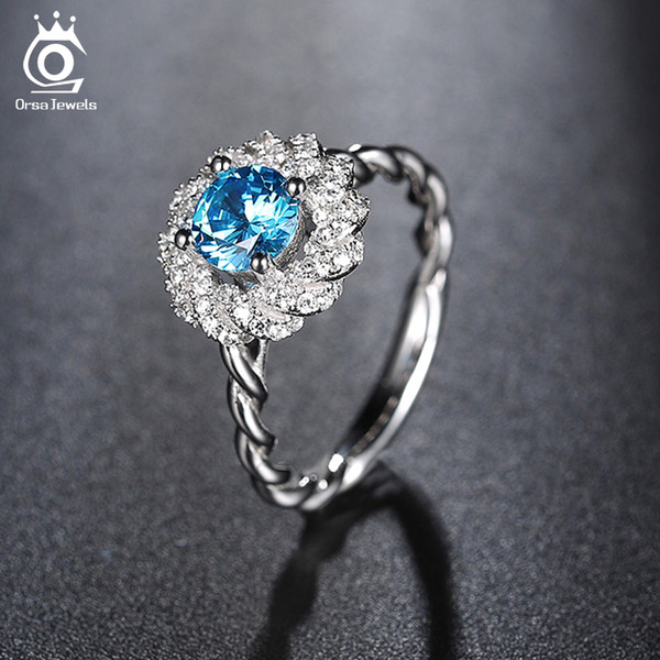 ORSA JEWELS Luxury Rings For Women Silver Color With 1.2ct Charm Blue Micro Paved Austrian Cubic Zircon Flower Ring OR148