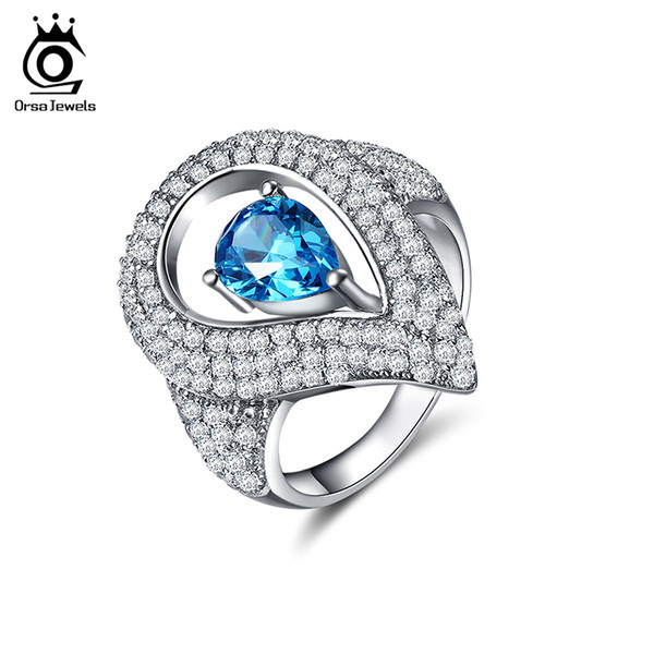 ORSA JEWELS Luxury Women Silver Color Rings with 0.7ct Austrian Cubic Zirconia Unique Water Drop Blue Stone Rings Jewelry OR152