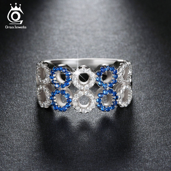 ORSA Fashion Women Rings Paved with Micro Blue & Clear Zircons Female Ring Jewelry Ornament Bijou OR78